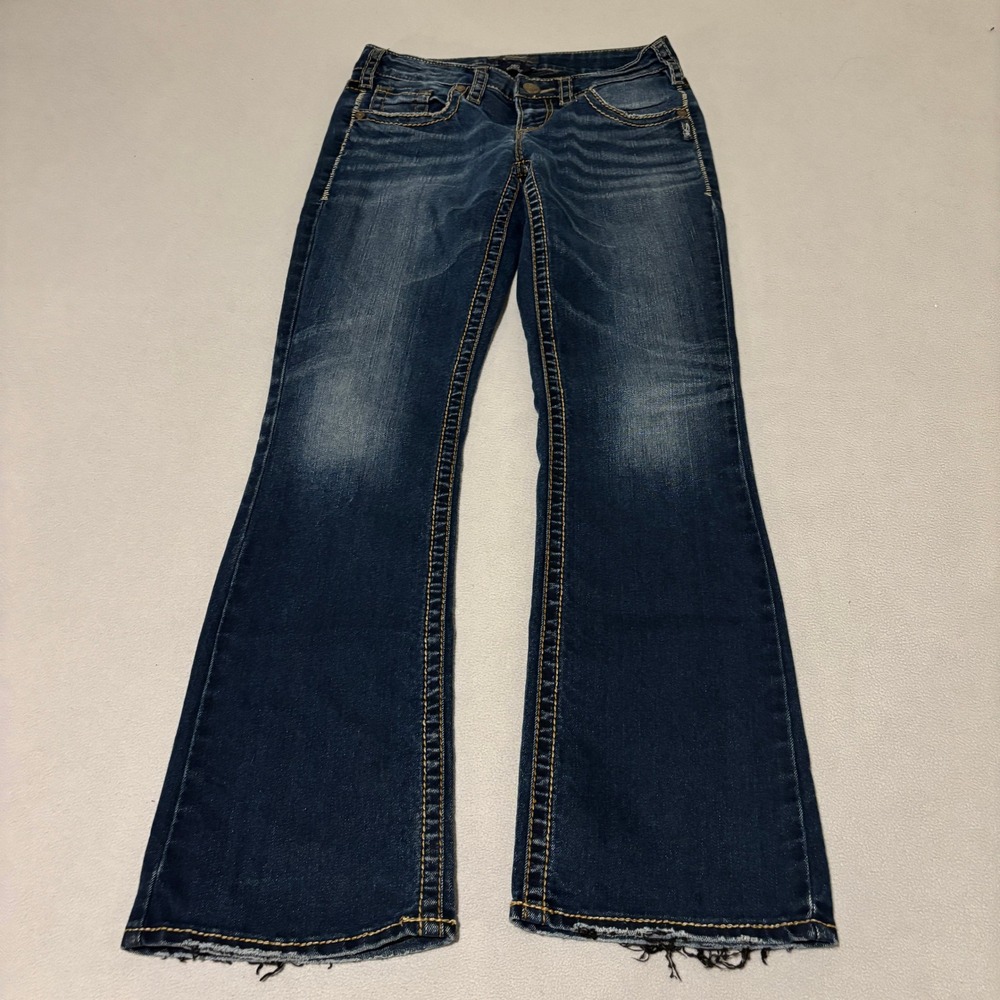 Silver Jeans Co Women 28x31 Aiko Bootcut Dark Wash‎ Distressed Denim Y2K Retro
